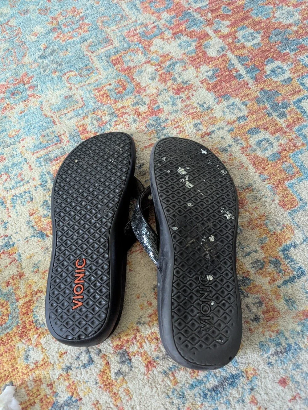 Vionic Tide SQ Black Sequin Orthaheel Orthotic Flip Flop Sandals Women's 8